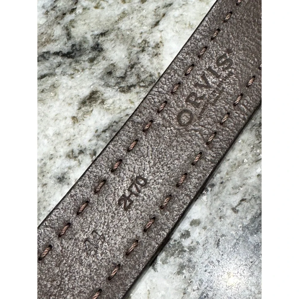 men's dark brown leather Orvis belt thick, rugged‎ strap accent stitch rows 44